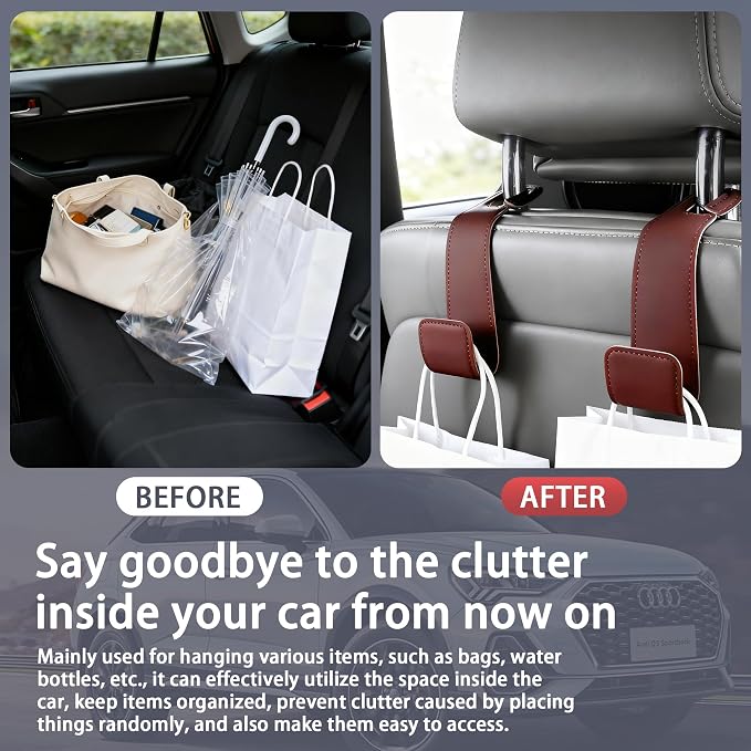 Leather Car headrest Hook for Purses and Bags (Brown, 2pcs) | Leather wrap hook with Larger strap holder, friendly to your leather purse. Strong load up to 44lbs.