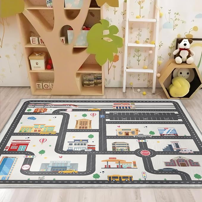 Nayoroom Kids Car Road Playroom Rug, Faux Wool City Map, Non-Slip, 3 x 5 ft | Interactive city road map; Car-friendly routes; Soft faux wool surface; Non-slip backing; Easy-care room accent