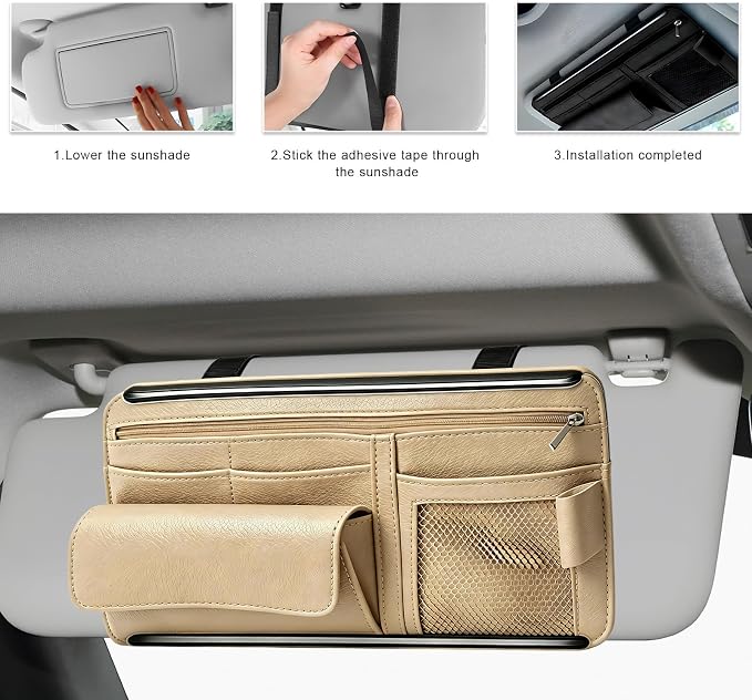 Car Sun Visor Organizer, Scratch-Resistant Auto Visor Glasses Storage Bag with Multi-Pocket Net Zipper, Waterproof Leather Sunshade Organizer Card Holder for Most Vehicles (Beige)