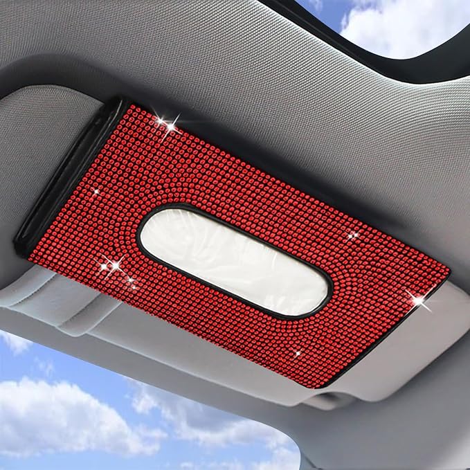 Bling Car Sun Visor Tissue Box Holder, Napkin and Face Mask Storage Box for Cars, Upgraded PU Leather Tissue Box with Crystal Rhinestones, Car Decoration Accessories for Women (Red)