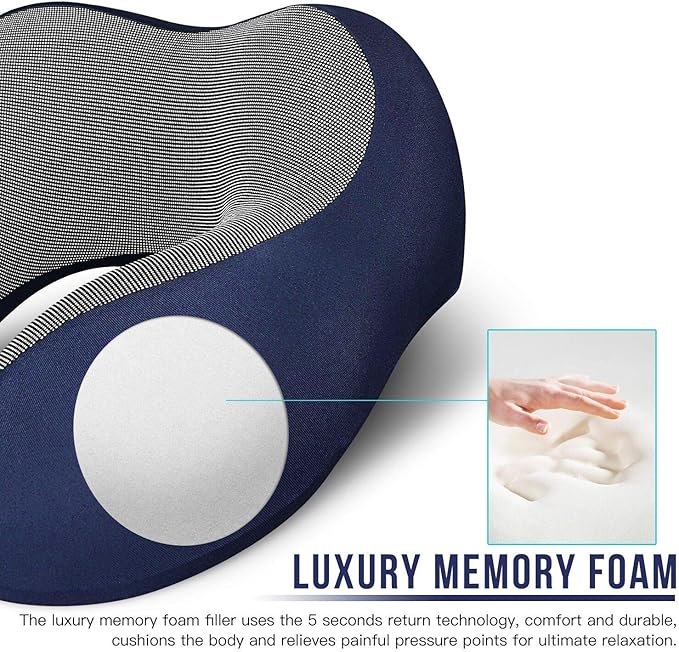 MLVOC Neck Pillow for Traveling, Upgraded 100% Pure Memory Foam Travel Neck Pillow for Airplane Flight Sleep, Breathable & Machine Washable Cover, Travel Kit with 3D Eye Mask, Earplugs & Bag, Blue | memor foam