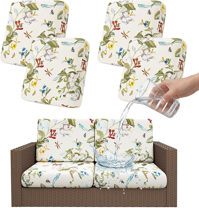 Smiry Waterproof Patio Cushion Covers, Stretch Outdoor Furniture Covers | Couch Slipcovers Replacement, Washable Furniture Protector, UV-resistant Sofa Chair Seat Cover for Outdoor and Indoor, 4 Pcs