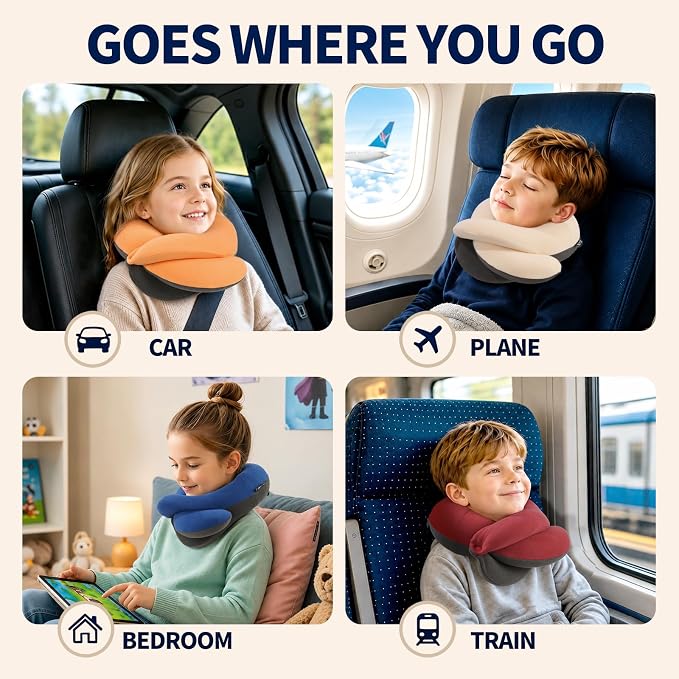 BUYUE Kids Travel Pillows for Airplane, Memory Foam 360° Head Support Sleeping Essentials for Long Flight, Skin-Friendly Soft Neck Pillow for Traveling in Car Seat, (Small, Red Grey, 40-90 lbs)