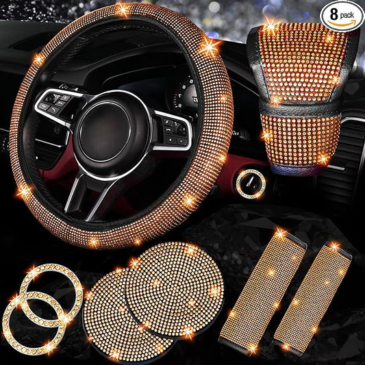 NBTEPEM 8 pcs Orange Bling Car Accessories Set for Women, Steering Wheel Cover, Sparkly Seat Belt Covers, Bling Gear Shift Cover, Universal Fit Most Cars (Orange Diamond)