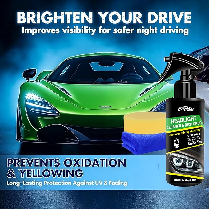 Headlight Restoration Spray – Instant Oxidation, Yellowing & Stain Removal, Restores Cloudy Headlamps to Like New, Portable Cleaner for All Cars – 120ml/4.01oz