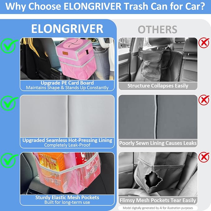 ELONGRIVER Car Trash Can Bin for Back Seat Leak Proof, Cute Car Trash Bag Hanging, Vehicle Trash Can for SUV Truck Van, Automotive Garbage Cans Front Seat Pink