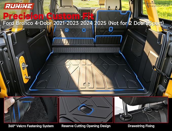 Floor Mats for Ford Bronco 4-Door 2021-2024 2025 2026(Not for 2 Door&Sport), Cargo Liner Set, Heavy Mud & Off-Road Protection with 3D Waterproof High-Edge & Anti-Slip Retention System