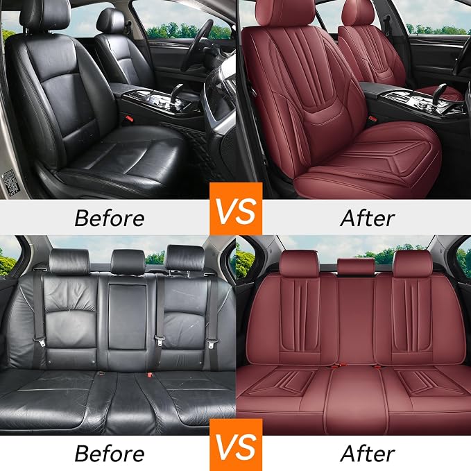 Car Seat Covers Full Set Burgundy, Premium Leather Car Seat Covers, Waterproof and Breathable Seat Covers, Universal Car Seat Protector Fit for Cars, Trucks, SUVs, Pick-ups (Wine Red, FullSet)