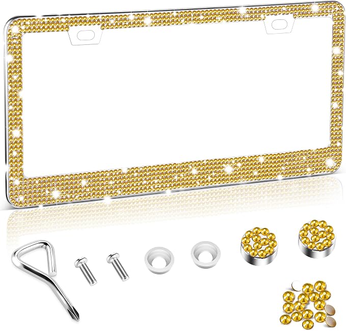 Amiss Bling License Plate Frame for Women, 1Pack Rhinestone Handcrafted Crystal Premium Stainless Steel, Stainless Steel Car Decorative Accessories with Diamond Sparkle Glitter Caps (Gold)