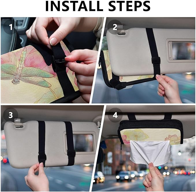 Car Tissue Holder Car Napkin Holder Tissue Box Dispenser Storage Case Sun Visor Mask Holder Accessories with Adjustable Straps Reusable Refillable Dragonfly Lotuses Yellow