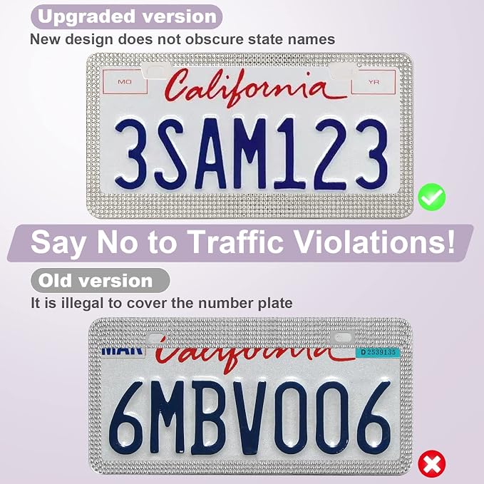 QUANQIUFEI 2 Pack Bling License Plate Frames for Women, Sparkly Rhinestone Diamond Car Accessories with Glitter Crystal Caps (White)