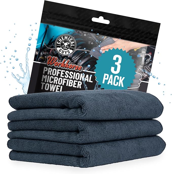 Chemical Guys, Workhorse Plush Microfiber Towels, 16 x 16 in, Black, 3 Pack | Plush, scratch-free black towels for washing, drying and detailing cars, home and pets, durable and reusable