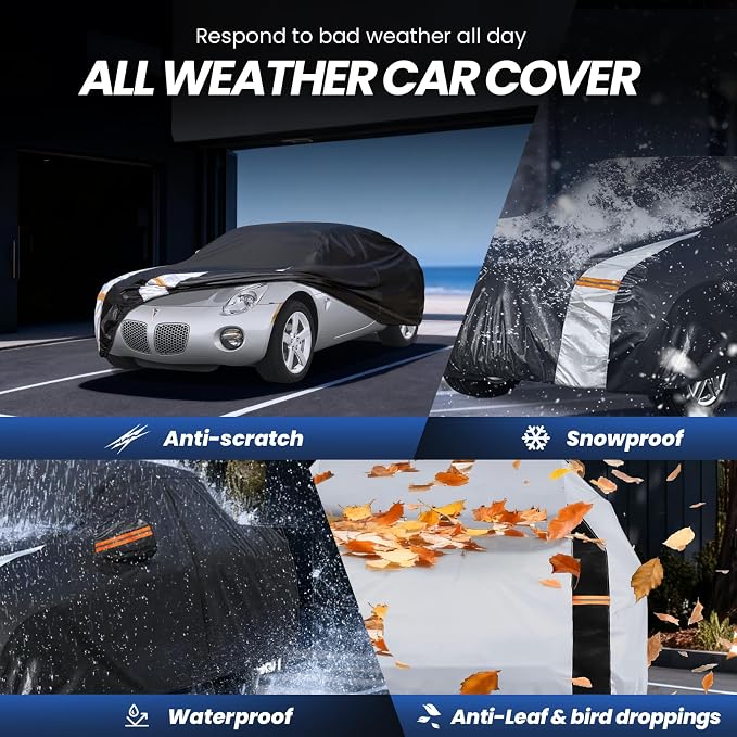 Multi-Layer Car Cover Custom Fit for Pontiac Solstice(2005-2009), 100% Waterproof All Weather for Automobiles, Gift with Towel, Heavy Duty Car Covers for Rain Sun UV Protection with Door Zipper