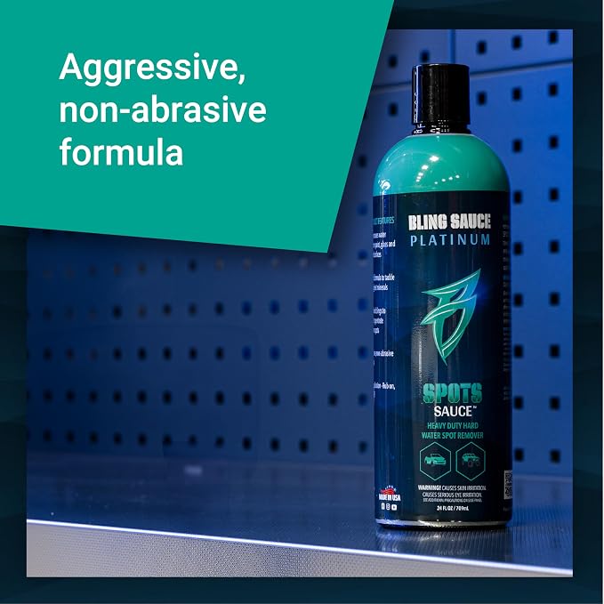 Bling Sauce Platinum Spots Sauce, Heavy-Duty Hard Water Spot Remover for Cars, Trucks, SUVs, 24oz. | Heavy duty mineral deposit remover clings to glass, chrome, paint and polished metal to dissolve hard water spots safely