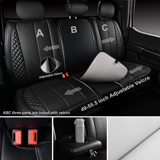 CAR PASS Waterproof Leather Back Seat Covers, Nappa PU Leather Rear Seat Bench Cushioned Breathable Back Row Protector Universal Fit for Car Sedan SUV Pickup Truck, Backseat Rear (Black)