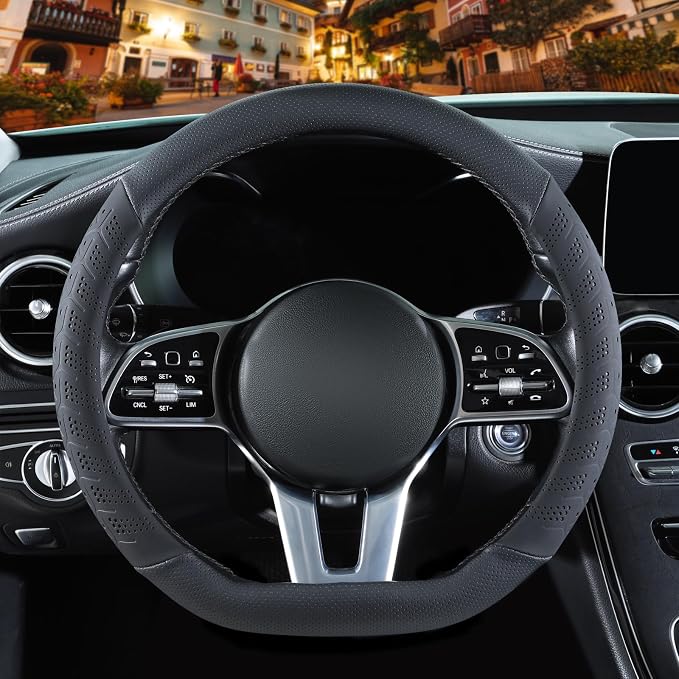 3D Soft 14 inch Leather D Shape Steering Wheel Cover Black | Breathable Anti-Slip Premium Skin-Feel Perforated Thin Nappa Leather, Small 13.5 inch to 14 inch