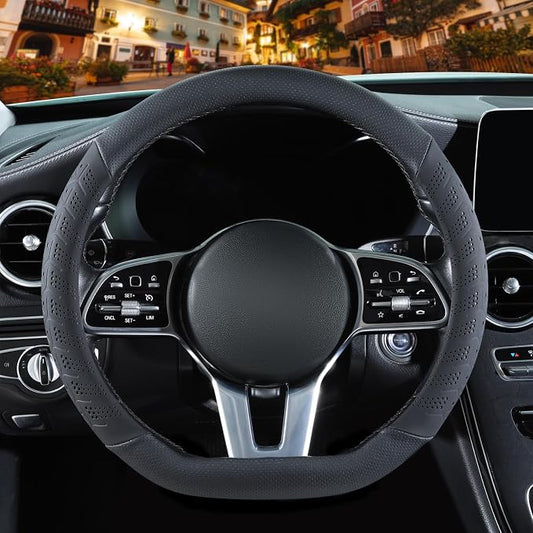 3D Soft 14 inch Leather D Shape Steering Wheel Cover Black | Breathable Anti-Slip Premium Skin-Feel Perforated Thin Nappa Leather, Small 13.5 inch to 14 inch