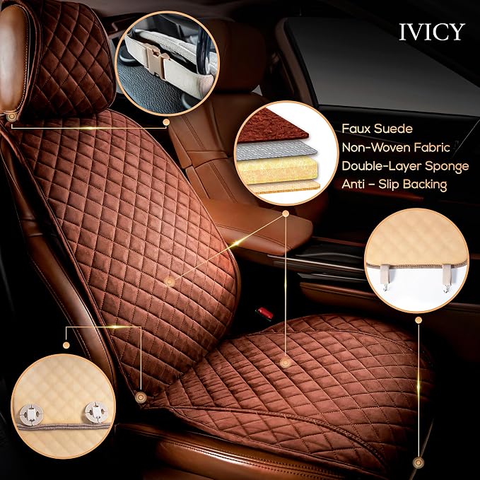 IVICY Faux Suede Front Car Seat Cover – Non-Slip Bucket Seat Protector for Most Cars, SUVs, Vans & Trucks – 1 Seat Cover, Machine Washable, Side-Airbag Friendly, Brown