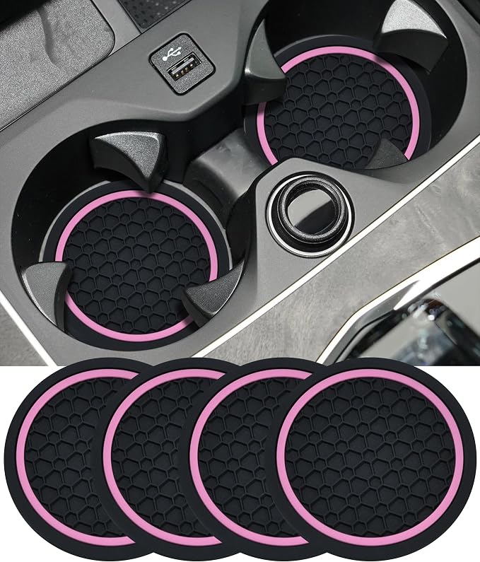 4PCS Car Coasters, Car Accessories Interior, 2.75 Inch Non-Slip Cup Holder Coasters for Most Vehicles (Black&Pink)