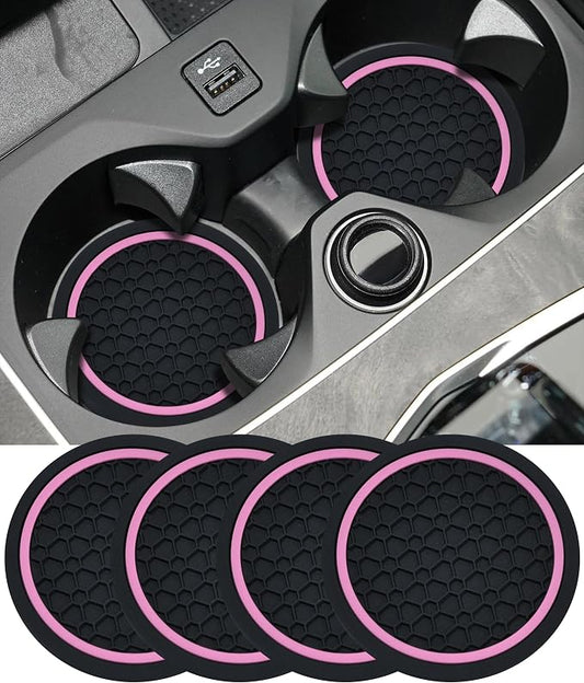 4PCS Car Coasters, Car Accessories Interior, 2.75 Inch Non-Slip Cup Holder Coasters for Most Vehicles (Black&Pink)
