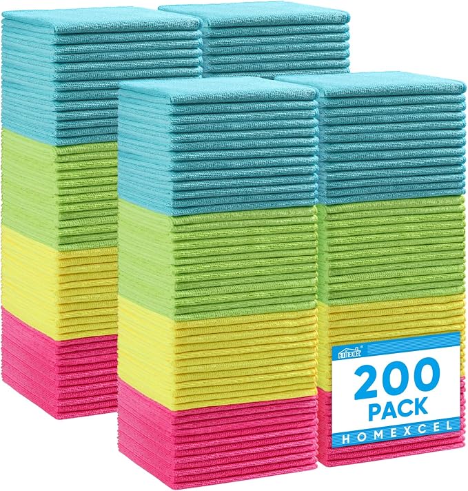HOMEXCEL Microfiber Cleaning Cloth, 200 Pack Cleaning Towels for Kitchen, Lint Free, Scratch-Free, Highly Absorbent, and Reusable Cleaning Rags for House, Window and Glass, Cars, 11.5 X11.5 inch