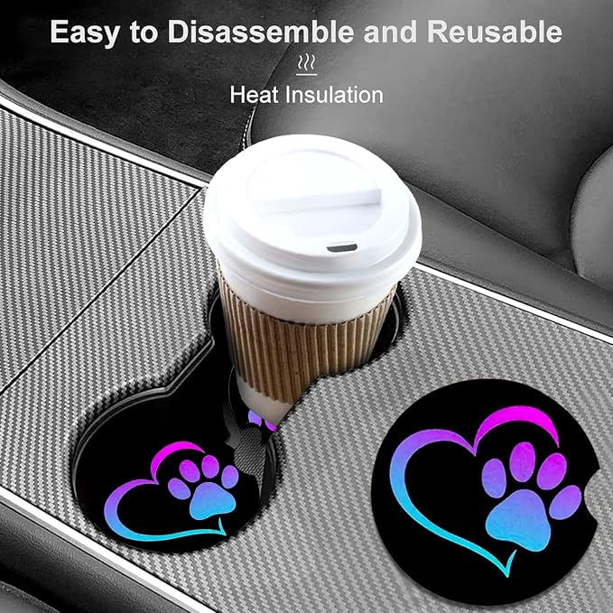 2 Pack Love Dog Paw Car Cup Holder Coasters Universal Neoprene Coasters | 2.75" Universal Size Anti Slip Rubber Mat, Auto Cup Holder Accessories for SUV Truck, Dog Lovers Gifts for Women Men Mom