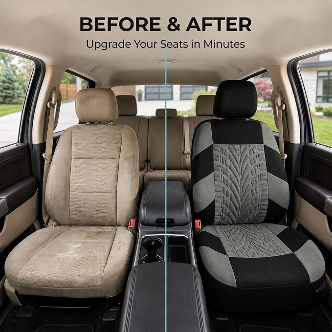 FH Group Front Set Premium Cloth Car Seat Covers for Low Back Car Seat with Removable Headrest, Universal Fit, Airbag Compatible Seat Cover for SUV, Sedan, Beige