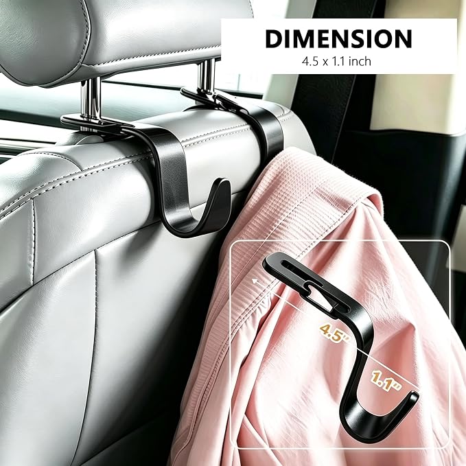 EldHus Car Seat Hooks 4 Pack, Headrest Hooks for Purses Groceries Bags with Metal Lock, Car Purse Holder Seat Back Storage Hooks