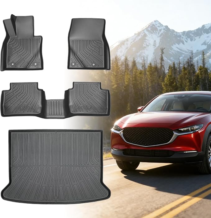 Floor Mats for Mazda CX30 2020 2021 2022 2023 2024 2025 2026, ONLY for AWD | TPE CX30 Floor Mats 1st & 2nd Row & Cargo Liner, Waterproof Summer Winter Non-Slip Floor Liners Car Accessories