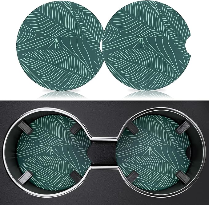 2 Pack Car Cup Holder Coasters, 2.63 inch Anti Slip Insert Absorbent Ceramic Coasters with Cork Base and Finger Notch, Cute Car Accessories Interior for Women