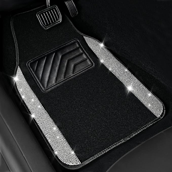 CAR PASS Bling Diamond Car Mats Shining Carpet Crystal Rhinestones Sparkly Glitter Floor Mats with Anti-Slip PVC Heel Pad Universal for Automotive SUV, Sedan, Van, 3pcs for Girl Women, Black Silver