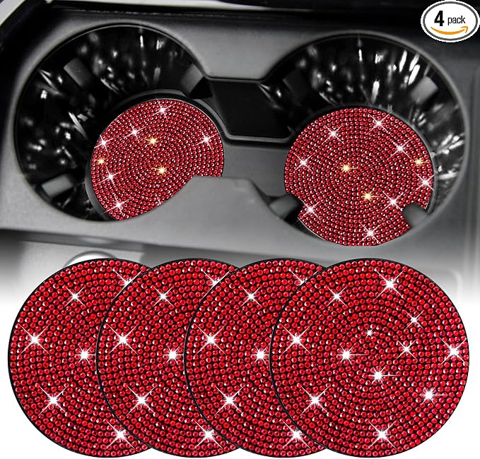 SINGARO Bling Cup Holder Coasters for Car, 4PCS Universal Non-Slip Cup Holder, Embedded Decorative Coasters, Shiny Crystal Car Interior Accessories Gifts for Women (Red)