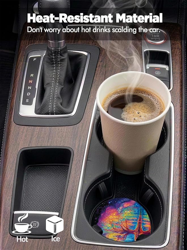 WOCOCN Car Coasters for Cup Holders - 2 Pack 2.75" Universal Rubber Car Cup Coaster, Non-Slip Waterproof Car Interior Accessories, Cute Car Decor Gifts for Women and Men (Colorful Tree)