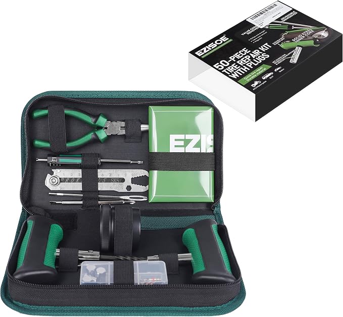 Tire Repair Kit with Effortless Insertion & Removal – 50pcs Complete Professional Heavy Duty Tire Plug Kit,Puncture Repair for Car, Motorcycle, Tractor, ATV, SUV, Truck (Portable Case Included)