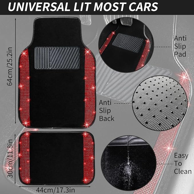 NBTEPEM Red Bling Car Floor Mats Full Set, Universal Fit Most Cars,SUV, Trucks, 4 pcs Sparkle Glitter Diamond Carpet for Women Girls with Anti-Slip Pad (Red Diamond)