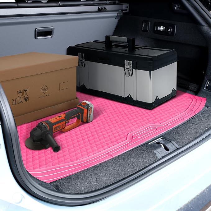 CAR PASS Heavy Duty Rubber Hot Pink Car Floor Mats & Cargo Liners, Deep Dish All-Weather Trunk Mats Durable Anti-Slip 3D Rhombus Waterproof Trim to Fit Liner Universal Fit Auto,Sedan,SUV,Truck, Pink