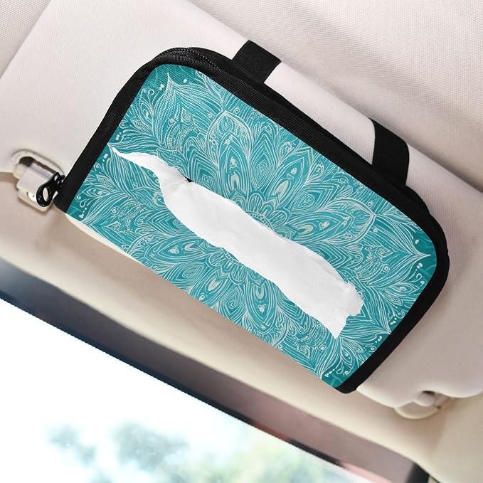 Car Tissue Holder Car Napkin Holder Tissue Box Dispenser Storage Case Sun Visor Mask Holder Accessories with Adjustable Straps Reusable Refillable Vintage Turquoise Mandala
