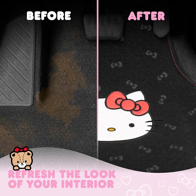 Hello Kitty Carpet Car Floor Mats - Universal Fit for Cars, SUVs & Trucks - Black with Red Bow & Hello Kitty Print - Front & Rear Set, 4 Piece Car Accessories