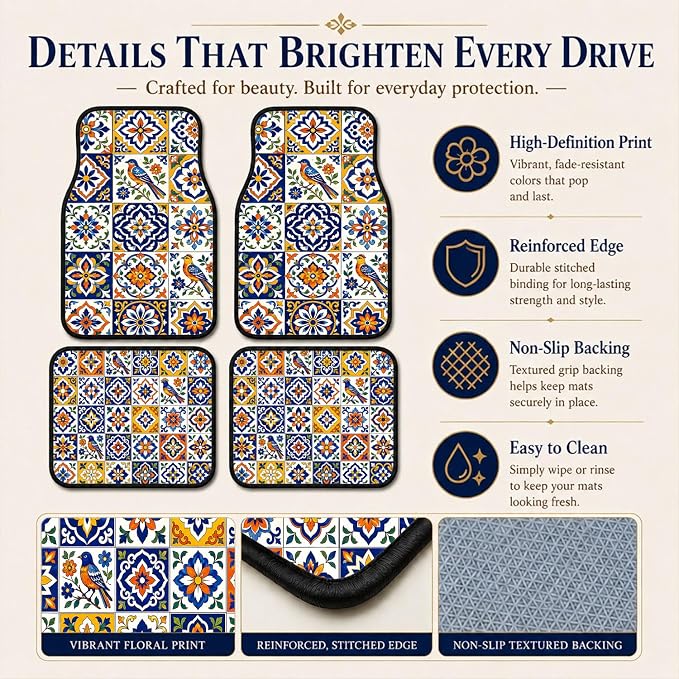 Tile Car Floor Mats Set of 4 Blue Bird Floral Pattern Car Accessories Foot Mats Rugs, Non-Slip,Decor for Universal Fit for Suvs Sedans Trucks Cars Auto Floor Carpets Rugs All-Weather