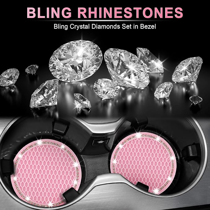 JUSTTOP Bling Cup Holder Coasters for Car,4PCS Universal Non-Slip Cup Holder,Rhinestone Decorative Coasters,Crystal Car Interior Accessories for Women(Pink)