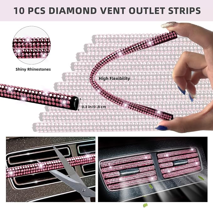NBTEPEM 27-Piece Bling Car Accessories Set - Universal Fit Steering Wheel Covers, License Plate Frames, Phone Holder, Car Fast Charger, Coasters (Pink)