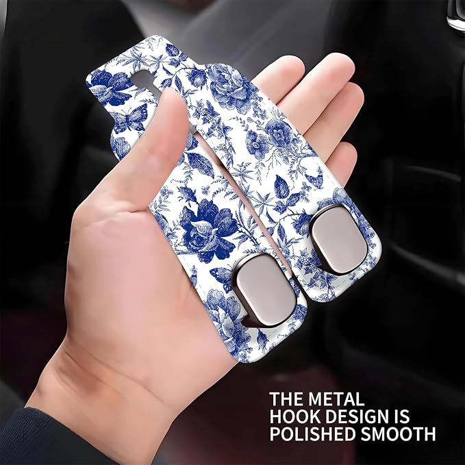 Car Seat Headrest Hook, Universal Leather Cute Hanger Holder Hook, Storage Organizer Interior Accessories for Purse Bags Handbag Luxury Blue Flowers