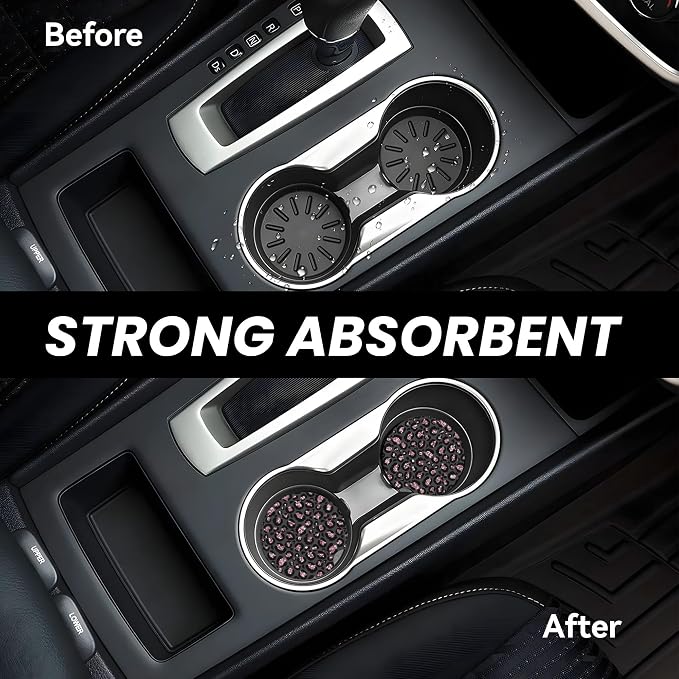 Absorbent Car Coasters for Cup Holders, 2 Pack Universal Anti Slip Ceramic Cup Coaster for Women Men 2.56 Inch Car Interior Accessories - Black Pink Leopard 005