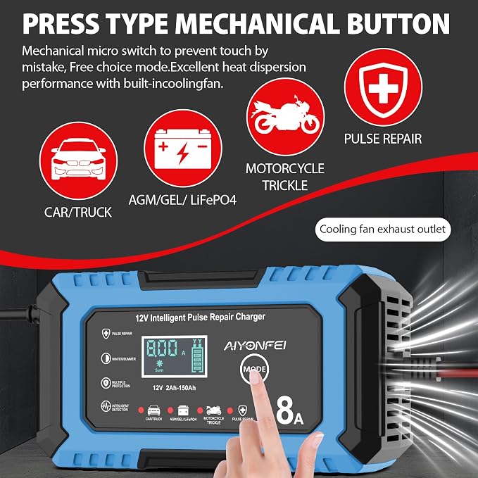 12V Battery Charger 8-Amp Smart Trickle Charger, Blue | Battery Maintainer and Desulfator, Temperature Compensation, for Car, Truck, SUV, Motorcycle, Boat, Lead Acid, LiFePO4