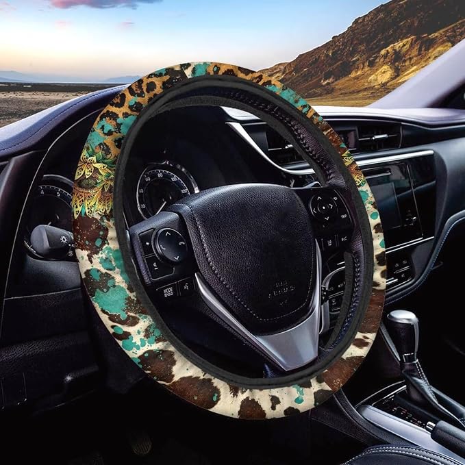 AFPANQZ Universal Steering Wheel Cover with Elastic Edge for Women 14-15 in | Leopard Print Sunflower, Breathable Steering Wheel Protector for Cars Interior Accessories