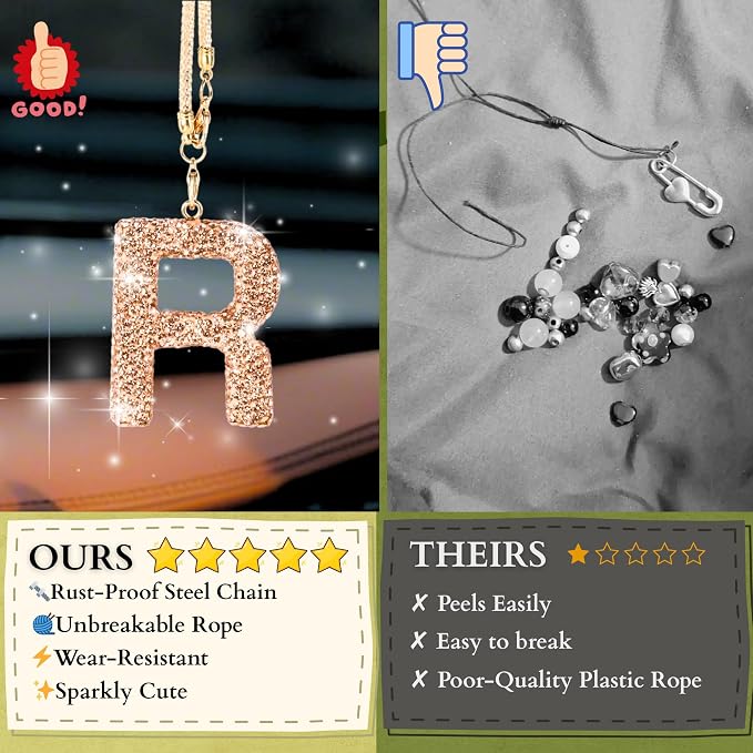Bling Car Accessories for Women Letter Charm, Rainbow Crystal Rearview Mirror Pendant, Cute Diamond Rhinestone Car Decor, Lucky Gift for Women(R, Champagne Gold)