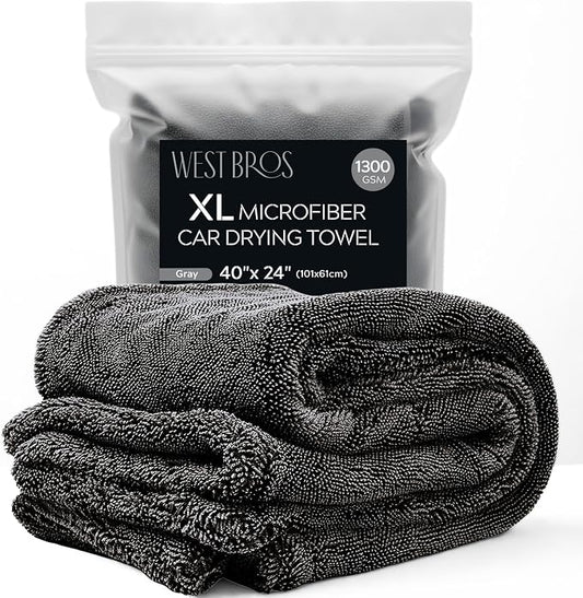 Extra Large Car Drying Towel 40"x24", 1300 GSM Car Towel, Gray | XL Professional Drying Towels Car Detailing with Double Twisted Loop, Super Absorbent Microfiber Drying Towels for Cars