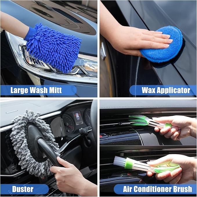 23Pcs Car Detailing Kit Wash Cleaning Kits with Pump Foam Sprayer Wash Brush Large Wash Mitt Towels Complete Interior Exterior Car Detailing Supply Set Blue