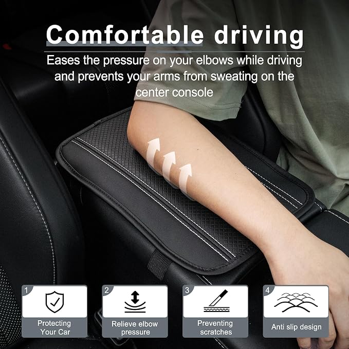 Amiss Car Center Console Cover, Upgraded Leather Car Armrest Cushion, Universal Waterproof Cushion Pad, Non-Slip Car Interior Accessories, Fits Most Sedans SUVs Trucks (Black-Slivery)