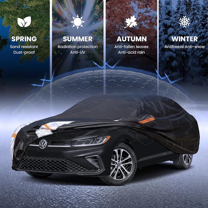 Multi-Layer Car Cover Custom Fit for VW Jetta(2005-2026), 100% Waterproof All Weather for Automobiles, Gift with Towel, Heavy Duty Car Covers for Rain Sun UV Protection with Door Zipper